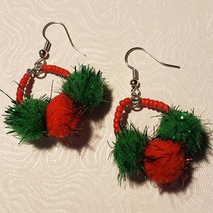 Christmas Hooked Earrings of Pom Pom